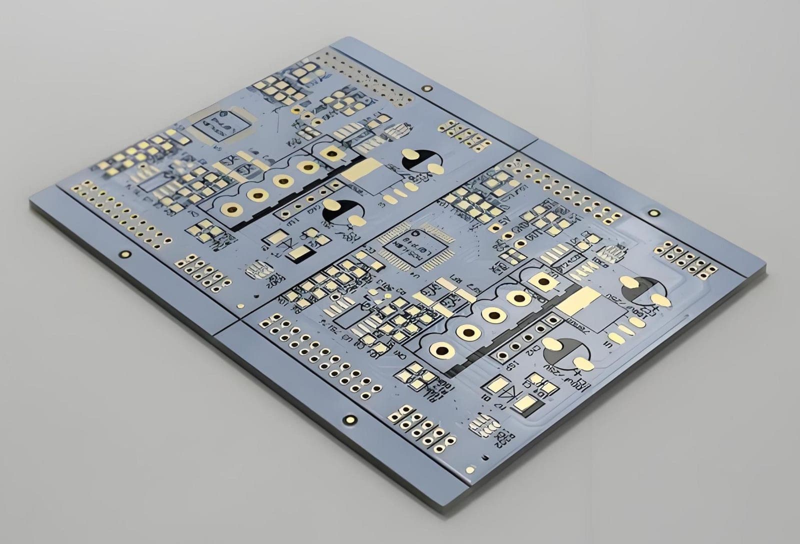 Light-grey aluminium PCB panel with gold pads, illustrative