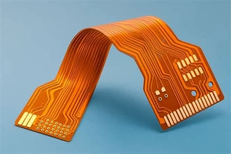 Bent flexible PCB with copper traces, illustrative