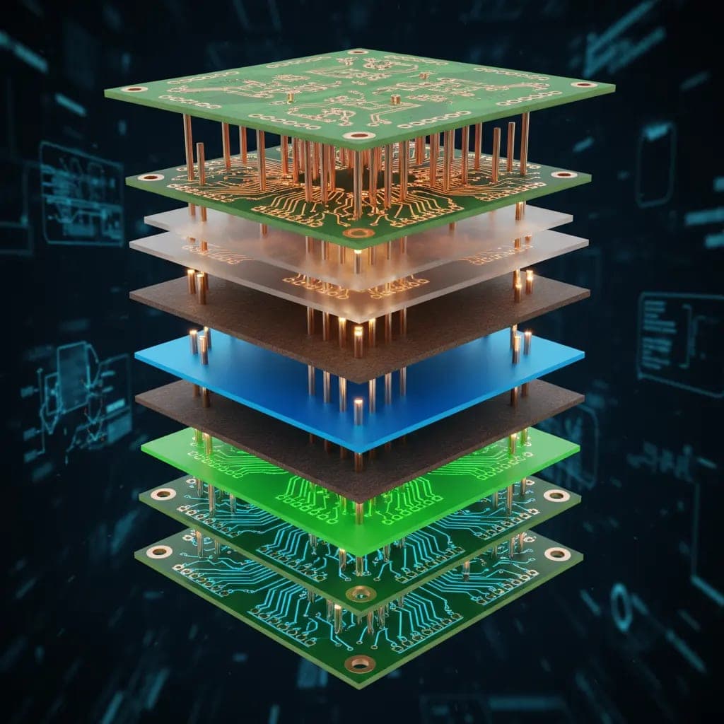 Exploded illustration of a multilayer PCB stack-up, illustrative