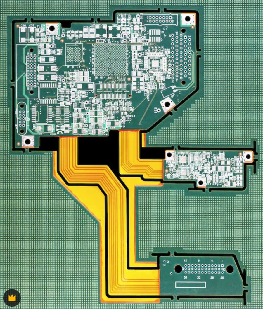 Rigid-flex PCB layout showing rigid sections connected by flexible circuit tails, illustrative