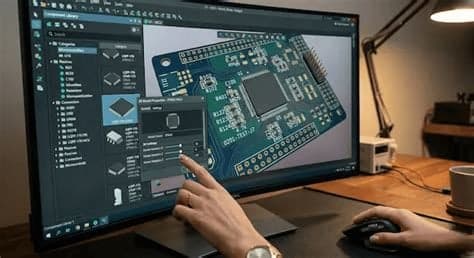 Engineer working on a PCB layout on screen, illustrative