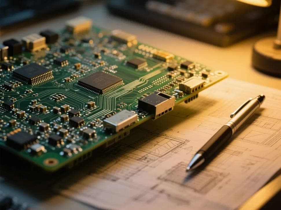 Prototype PCB alongside design drawings, illustrative